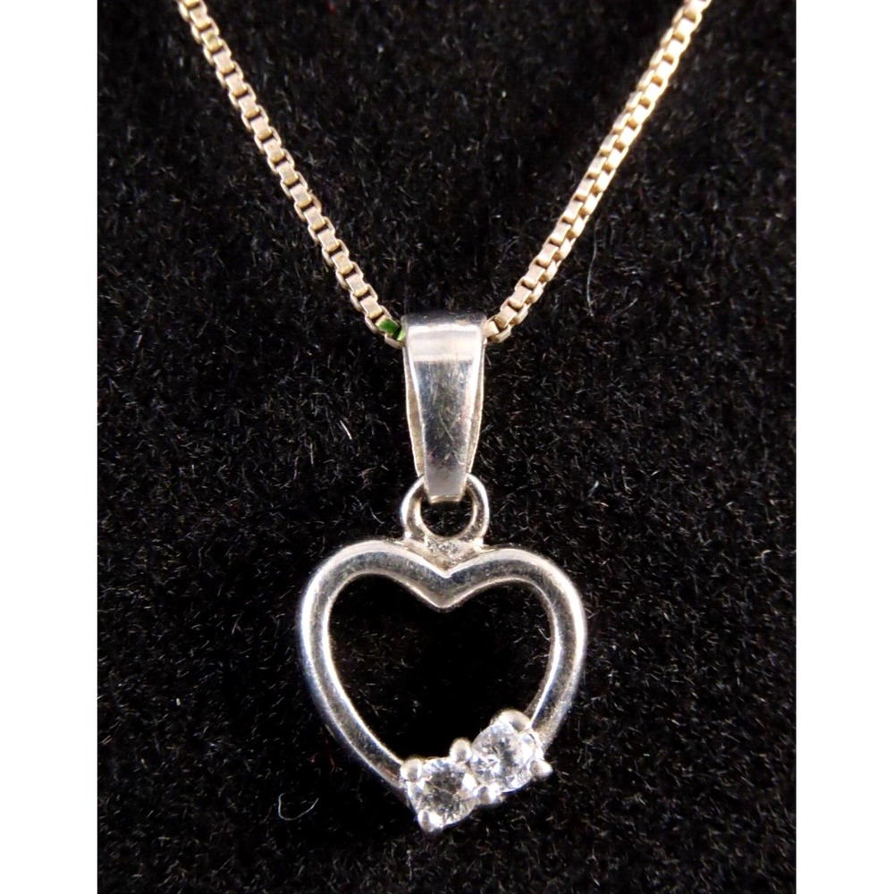FAS STERLING SILVER 16" Chain Necklace SMALL OPEN HEART PENDANT w/Two Clear CZ's